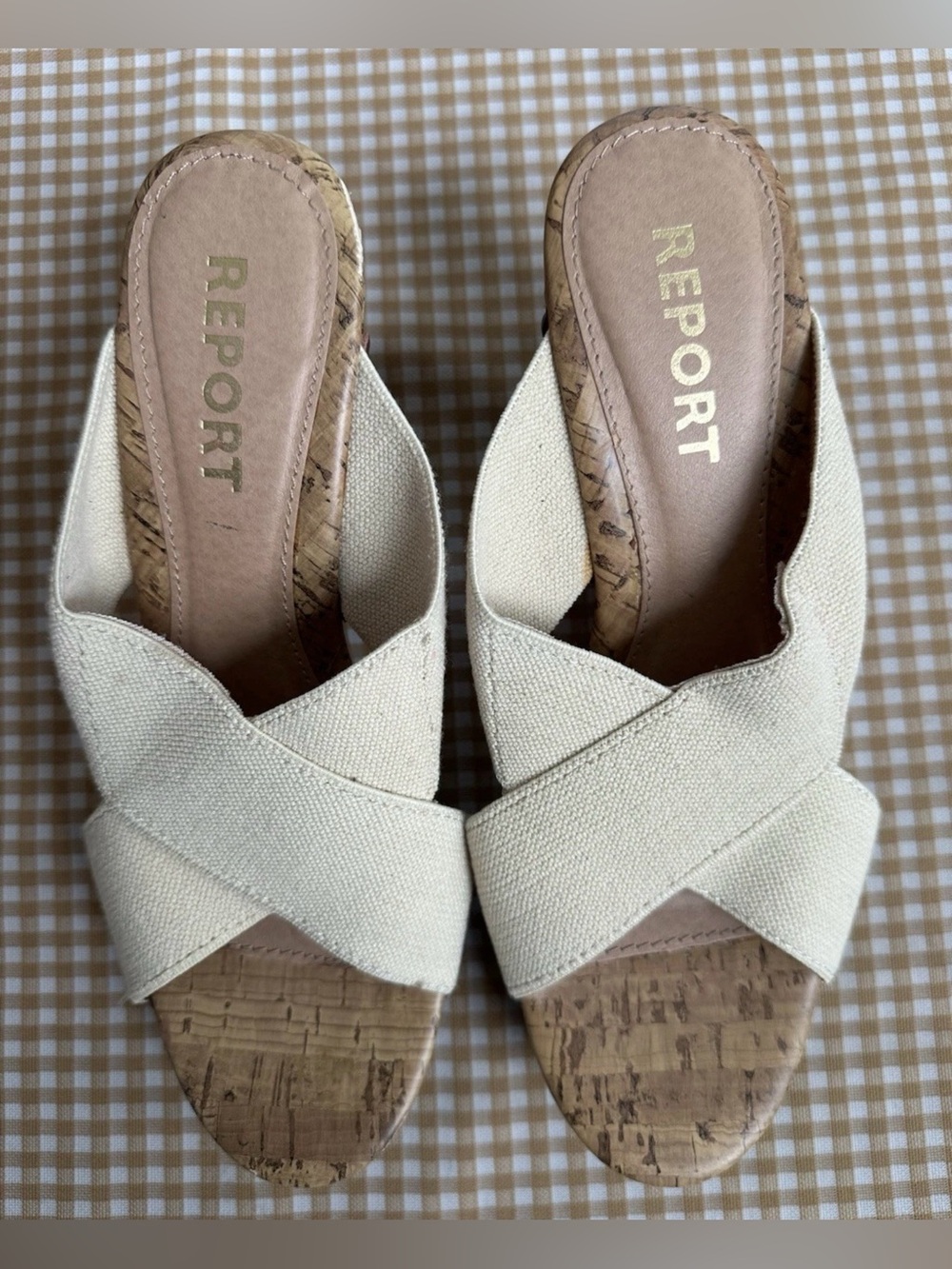 REPORT Cream Cross-Band Cork Slide Mules